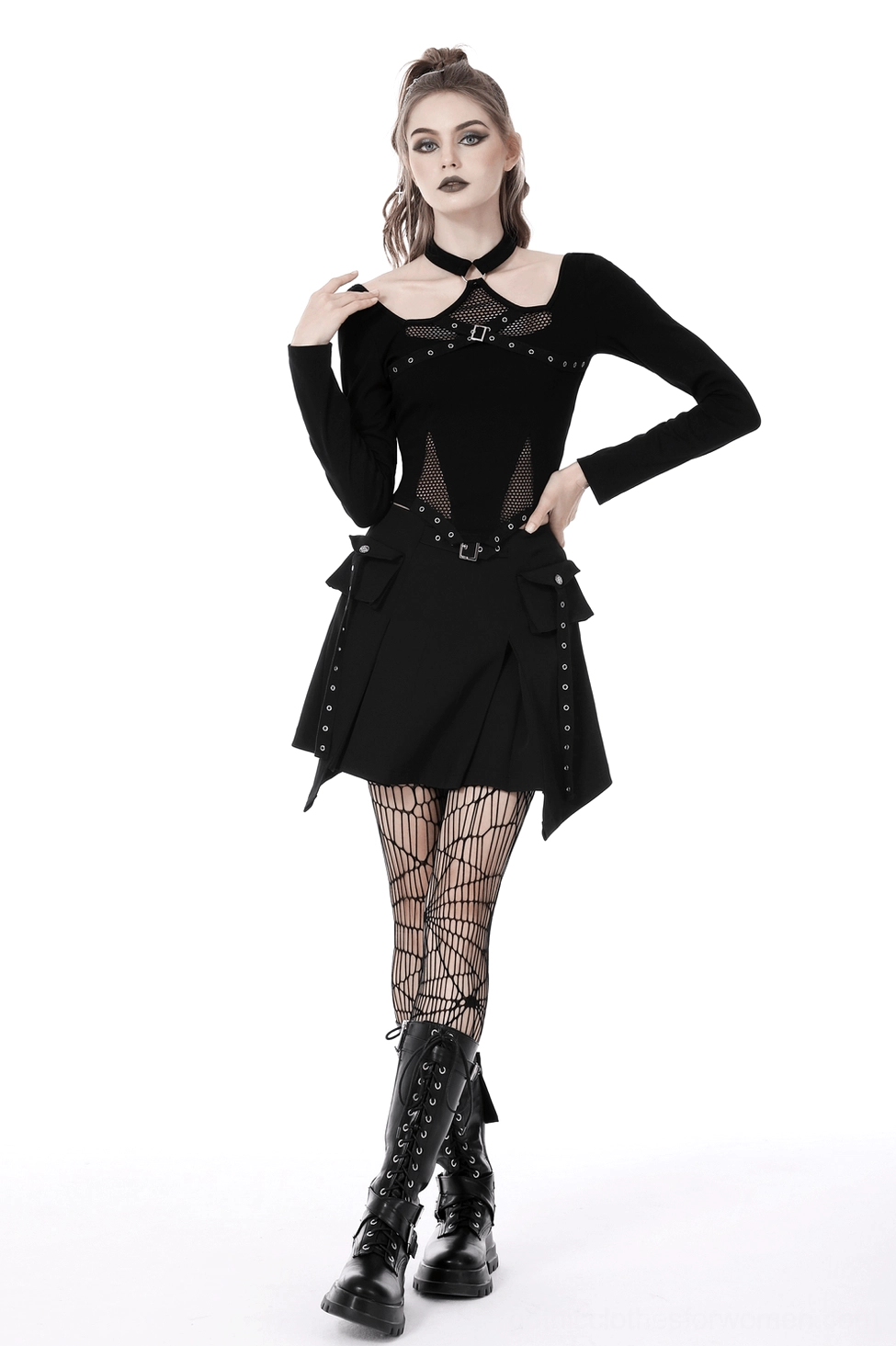 Black gothic mesh crop top long sleeves, full product view showing choker neckline and mesh panel construction