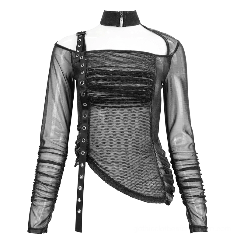 Black gothic one-shoulder mesh crop top on display mannequin, front view with asymmetrical hem and high-neck zipper collar