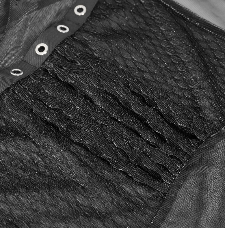 Black gothic crop top full view on model displaying one-shoulder silhouette and transparent mesh construction