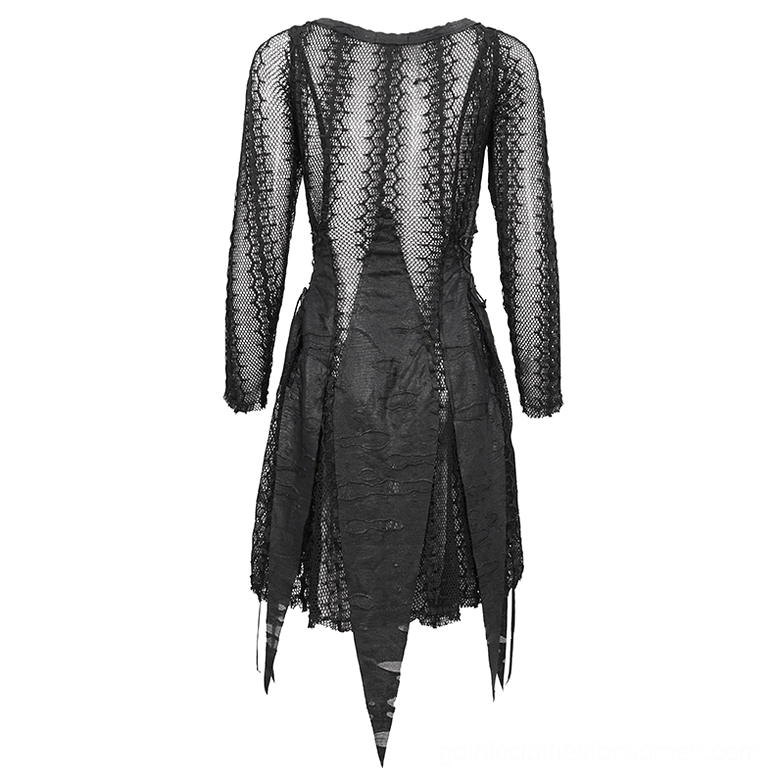 Black gothic mesh dress with sheer back panel and fishnet sleeves on mannequin, back full view