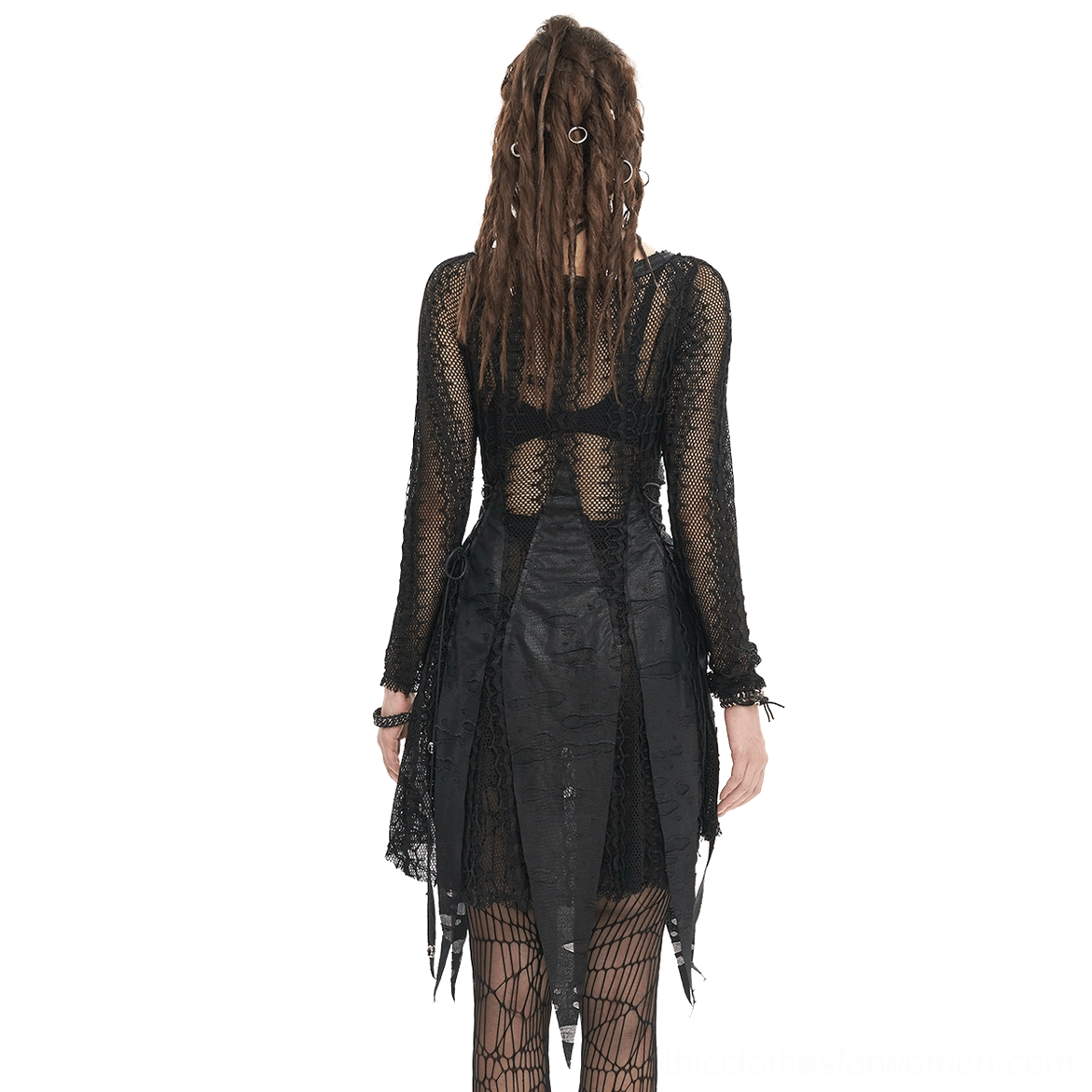 Black gothic irregular dress with open sheer back panel and tattered asymmetrical hem, back full view on model