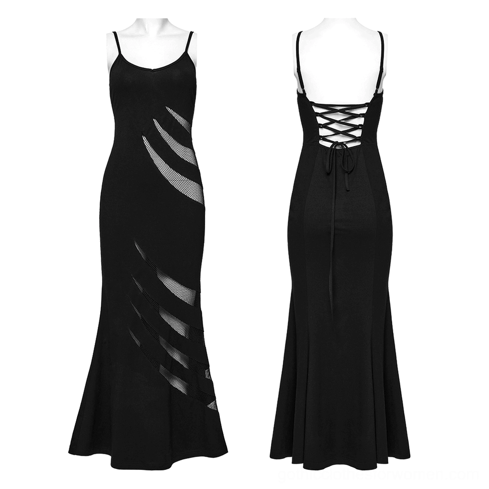 Front view of black gothic mesh slip dress on dress form mannequin showing asymmetric slash mesh panels