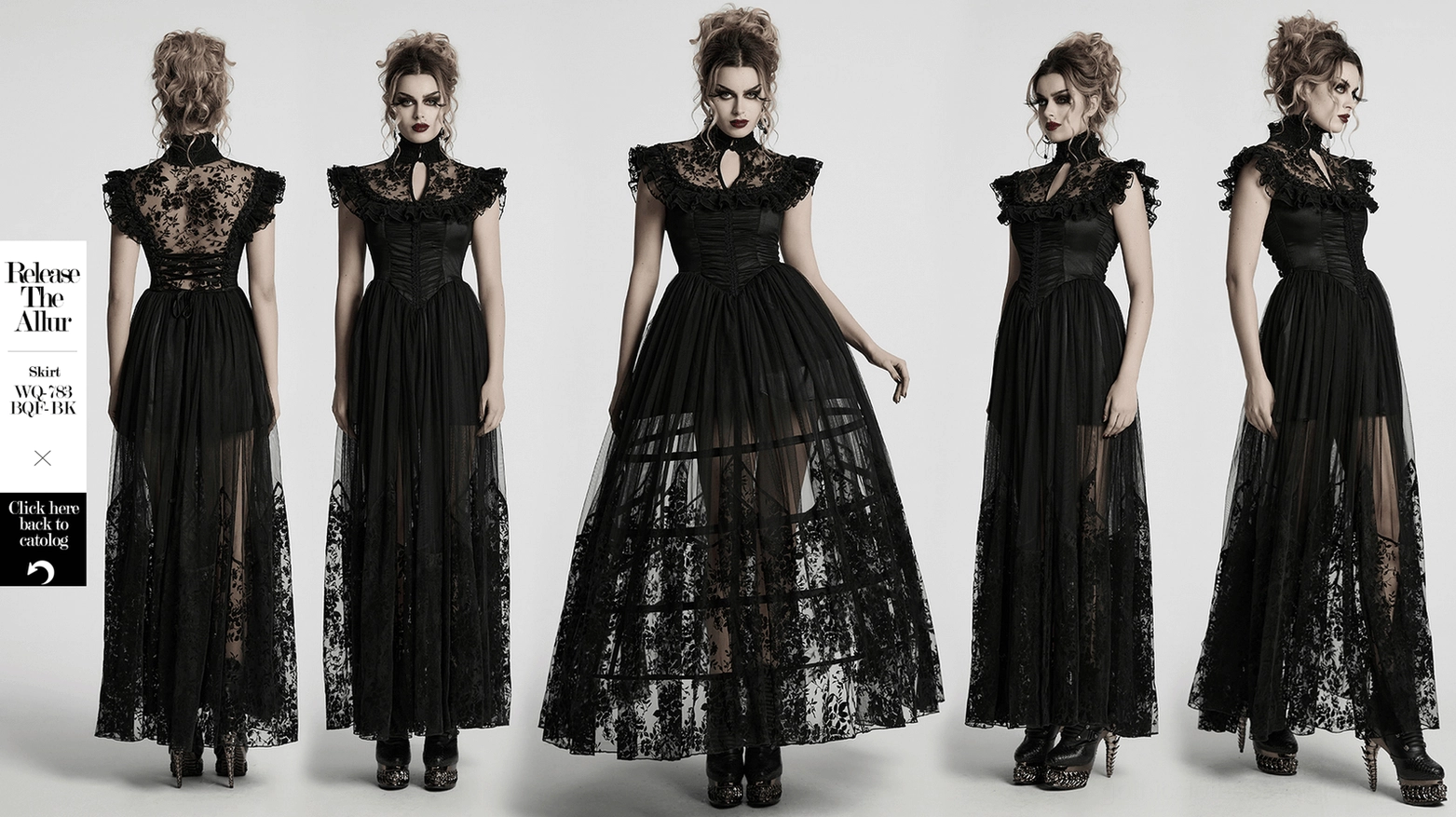 Black gothic mesh dress with ruffled flying sleeves - victorian-inspired high neck and mystical lace overlay