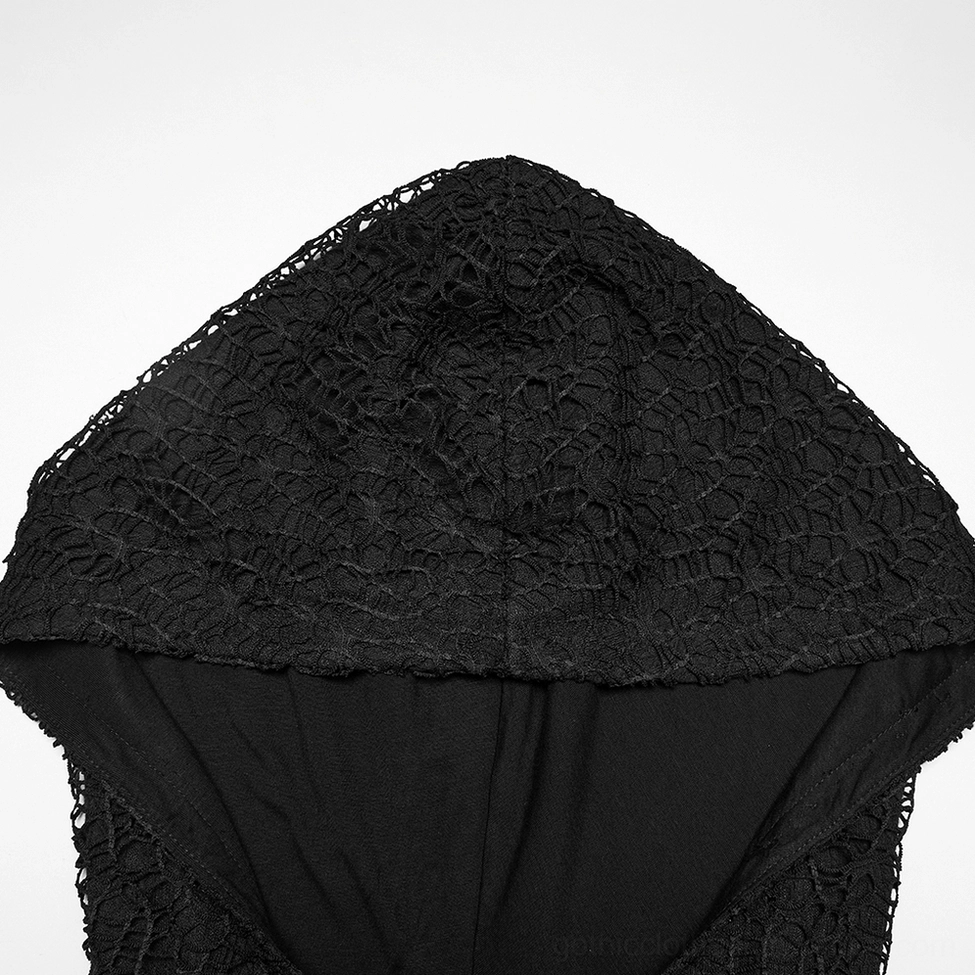 Black gothic mesh hoodie hood close-up showing cobweb mesh texture and construction details