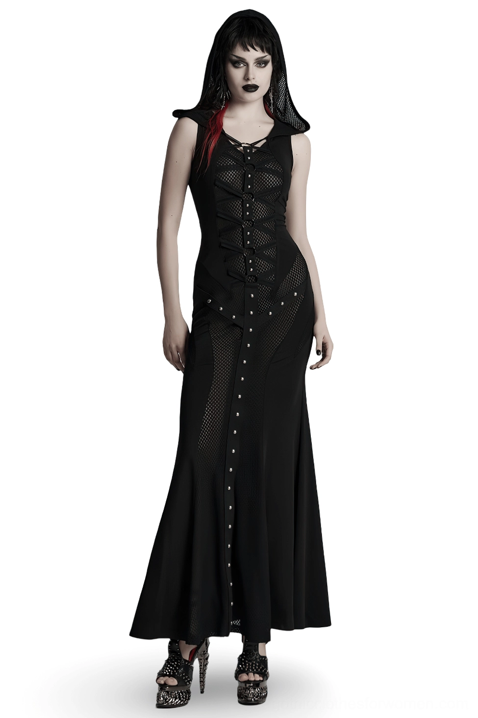 Black gothic mesh hooded maxi dress front view on model with metal rivet details and lace-up corset back