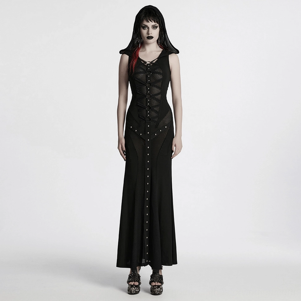 Black gothic mesh hood dress on dress form displaying front mesh panels and metal rivet detail work
