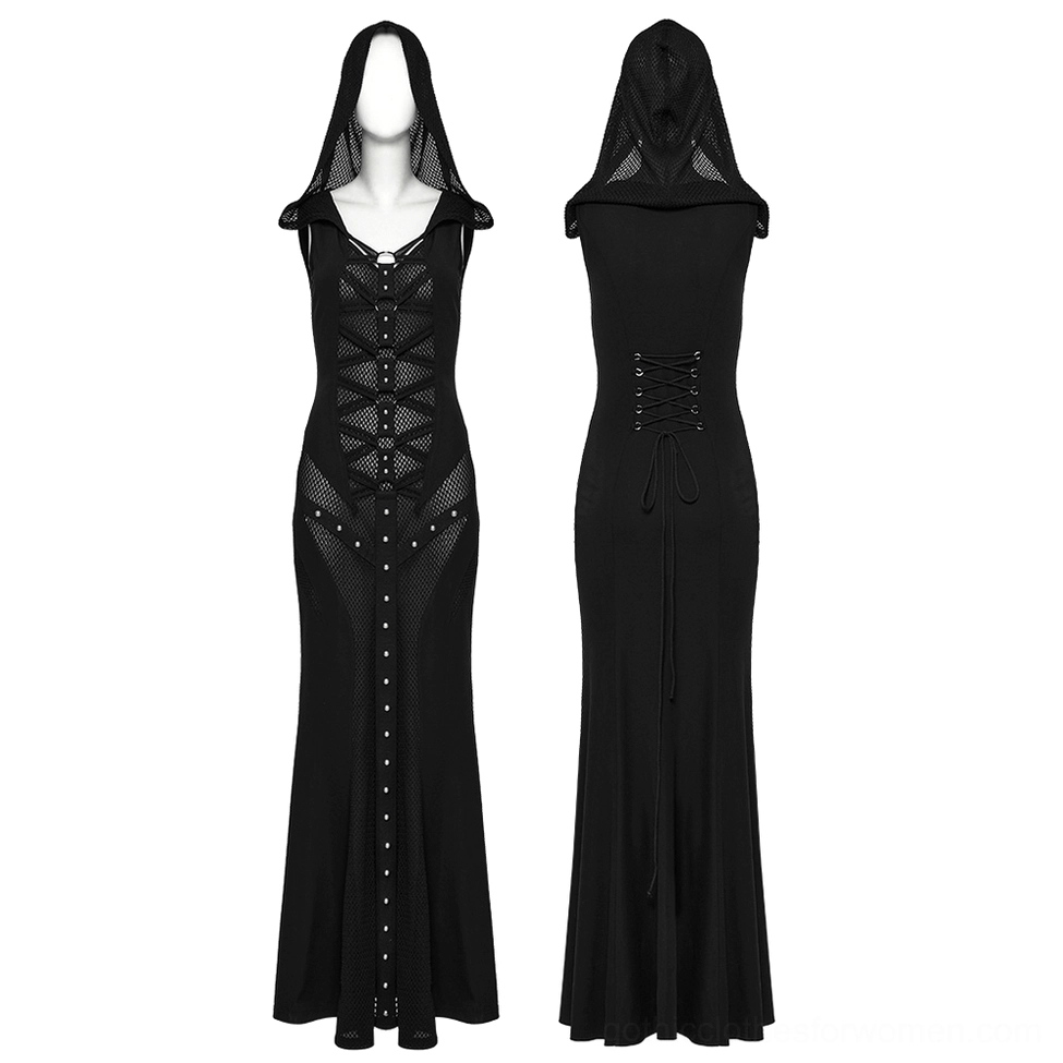 Black gothic mesh panel hooded dress displayed on dress form showing front and rear construction details