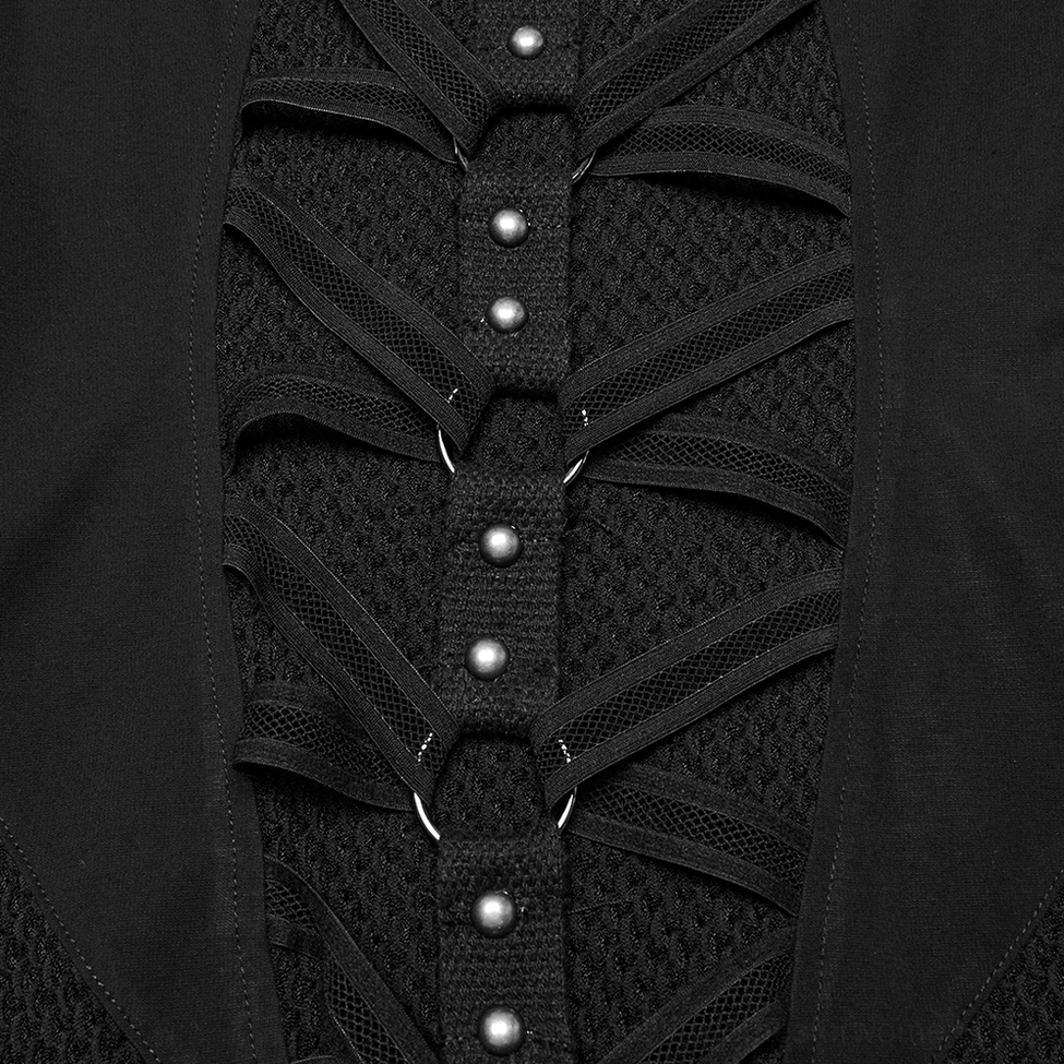 Black gothic mesh panel hooded maxi dress full back view showing architectural lace-up construction