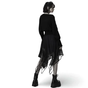 Black gothic layered mesh skirt back three-quarter view showing irregular hem and high-waisted design with platform boots