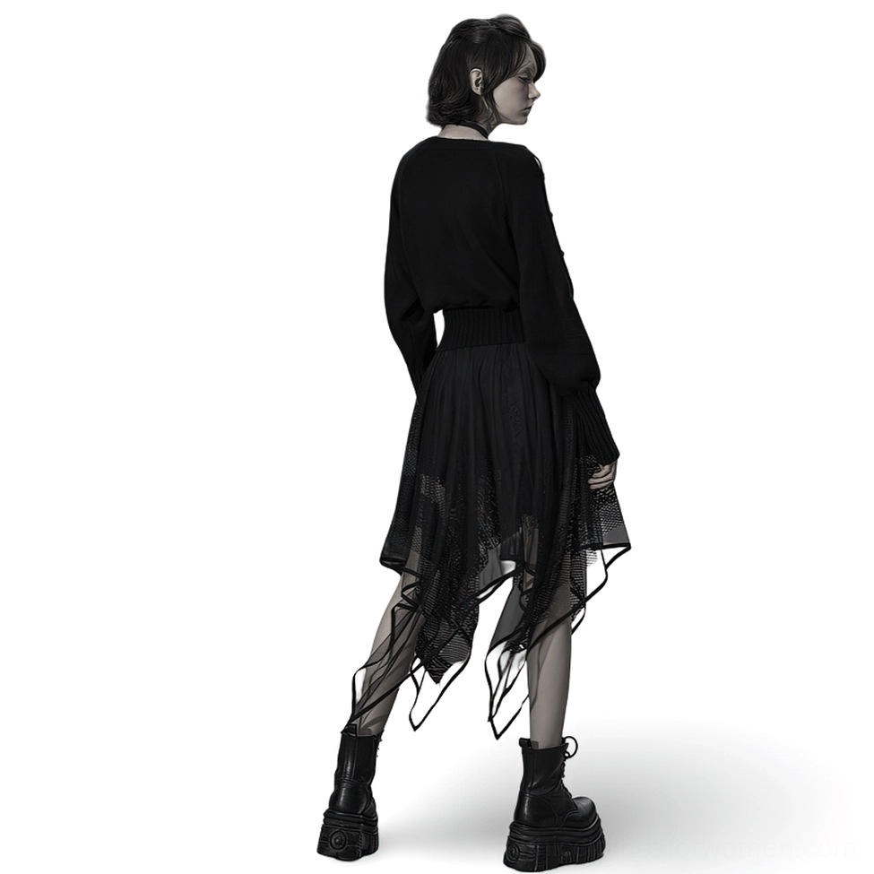 Black gothic layered mesh skirt back three-quarter view showing irregular hem and high-waisted design with platform boots