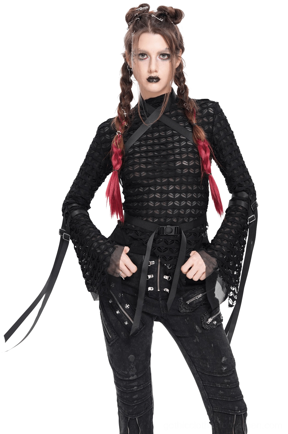 Gothic sheer mesh lace top with cross chest straps and flared ribbon sleeves front three-quarter view on model with red-tipped braids