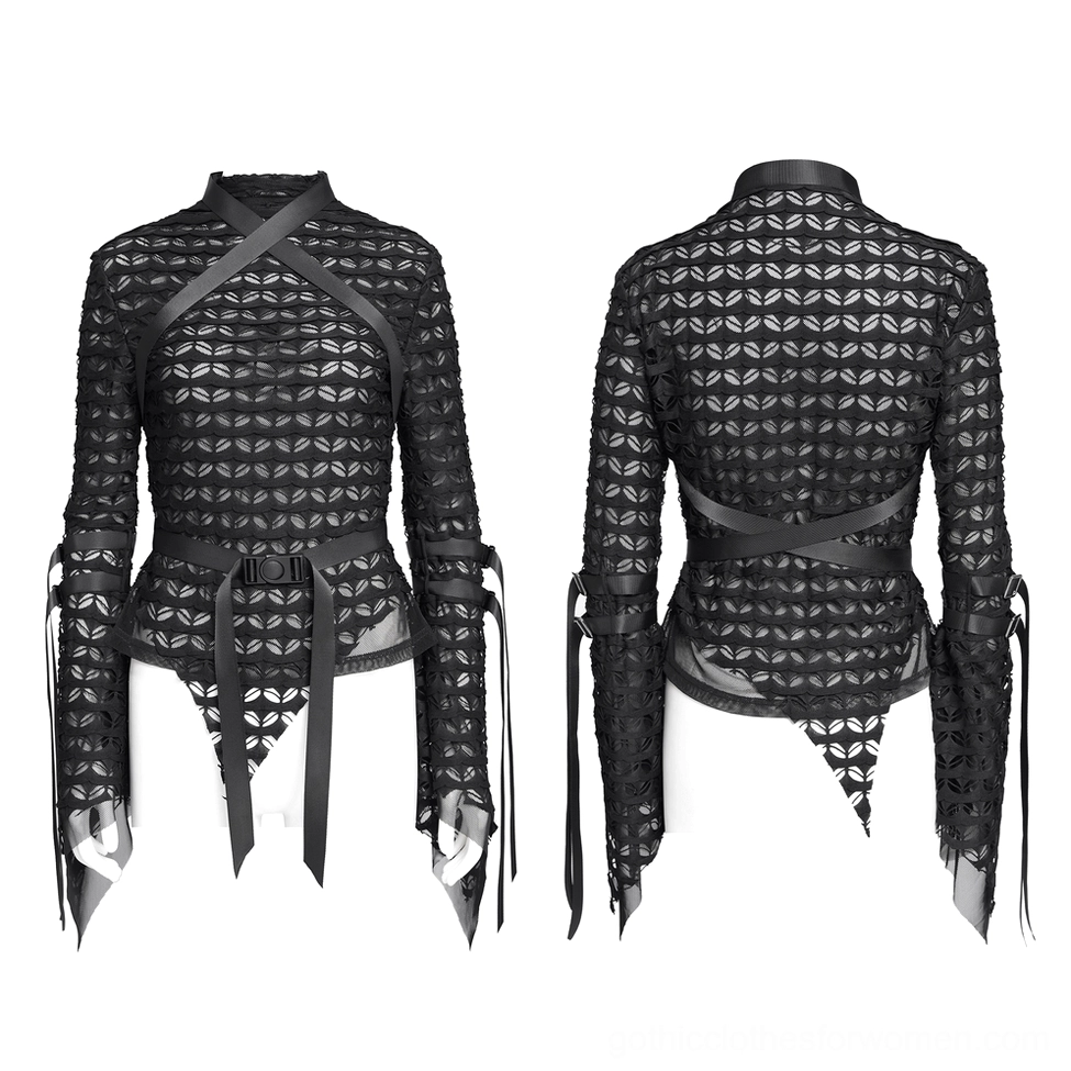 Gothic lace mesh top front and back static display on mannequin showing cross chest straps adjustable waist belt and asymmetrical hem