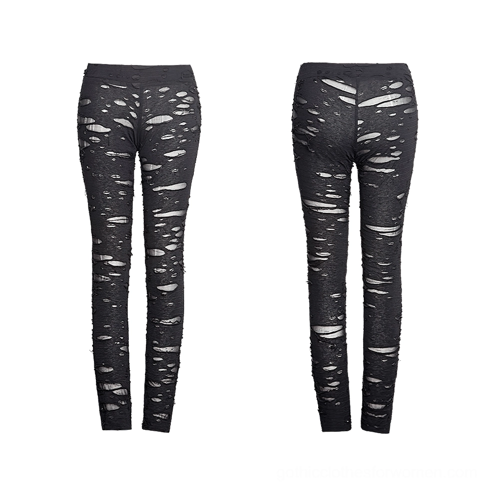 Black hollow-out ripped mesh gothic leggings flat lay front and back display
