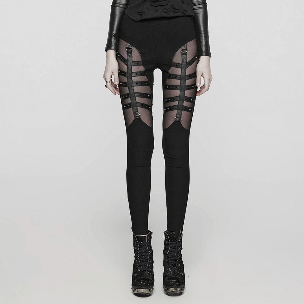 Black gothic mesh leggings full product display, skeleton strap and studded panel design