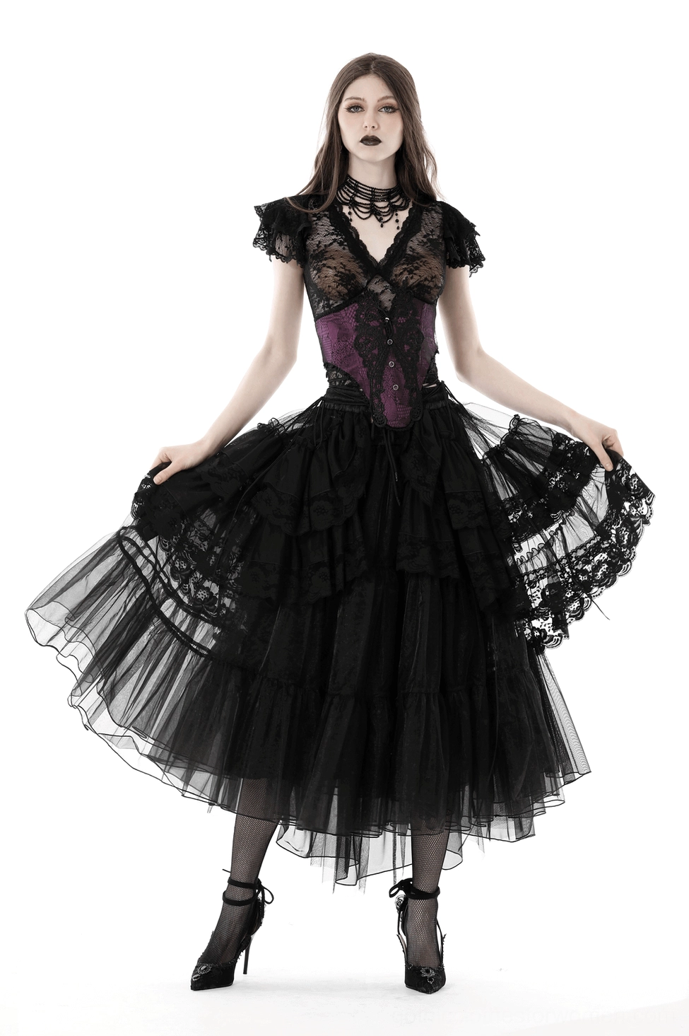 Black mesh gothic maxi skirt full-length back view featuring cascading layered ruffles and dramatic hem