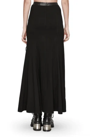Black gothic mesh maxi skirt rear view showing solid back design with leather waistband