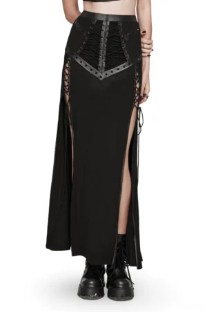 Black gothic mesh maxi skirt with lace-up front corset and dual side slits, front view on model