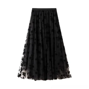 Black gothic mesh midi skirt flat lay, floral embroidery detail, elastic waistband, tulle fabric, product showcase