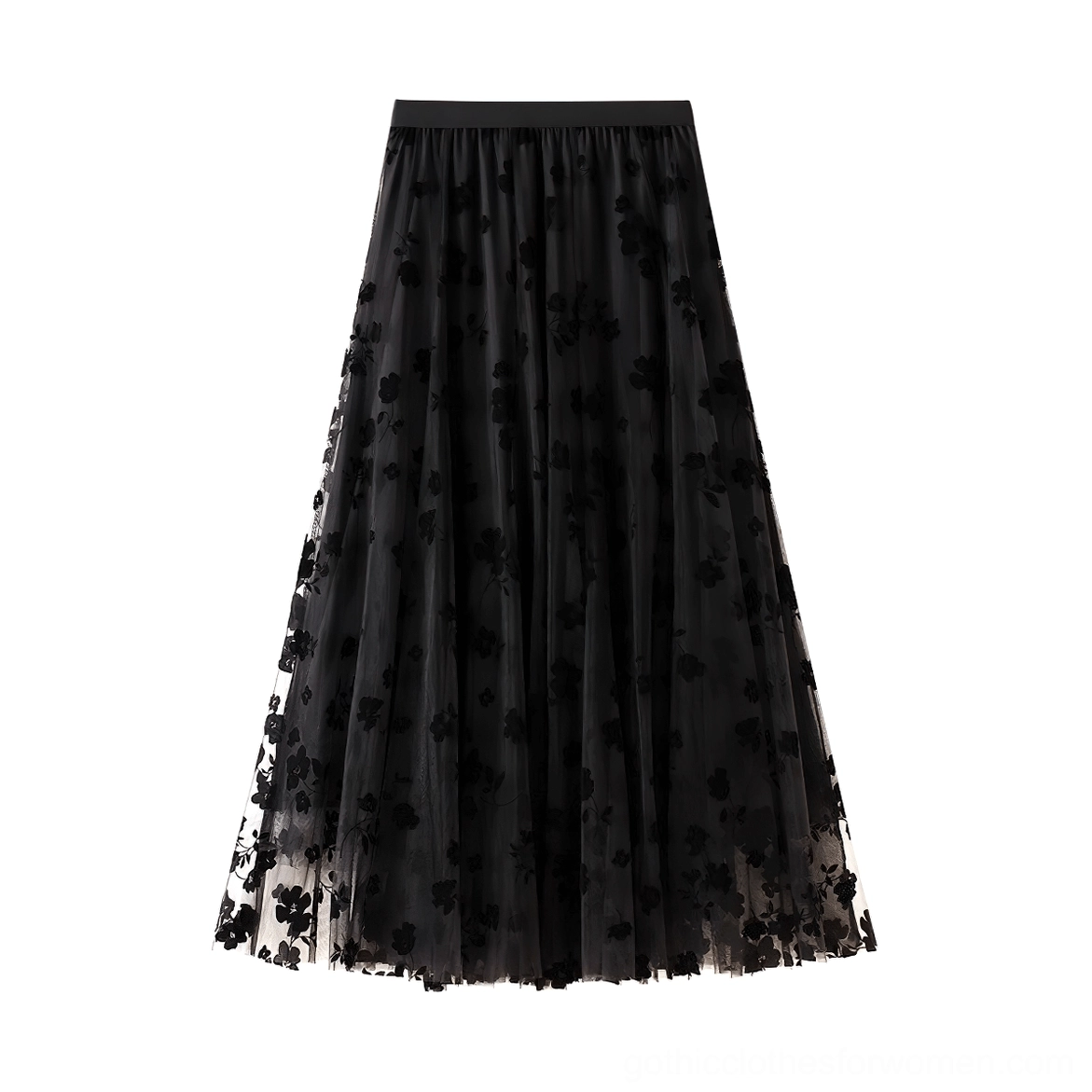 Black gothic mesh midi skirt flat lay, floral embroidery detail, elastic waistband, tulle fabric, product showcase