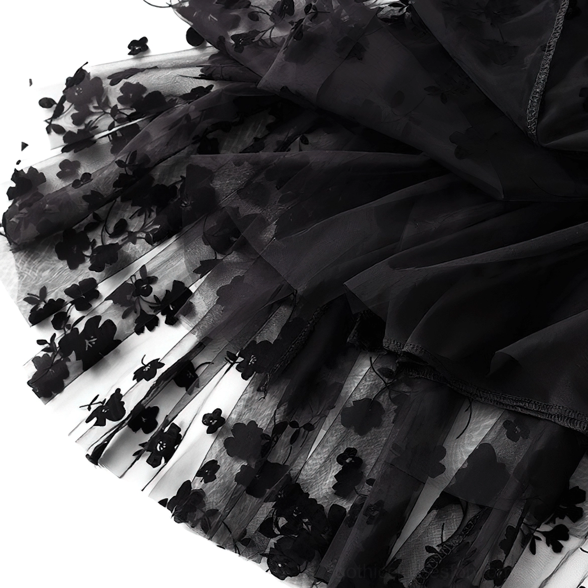 Black gothic mesh midi skirt movement detail, tulle overlay flow, elastic waist comfort fit demonstration