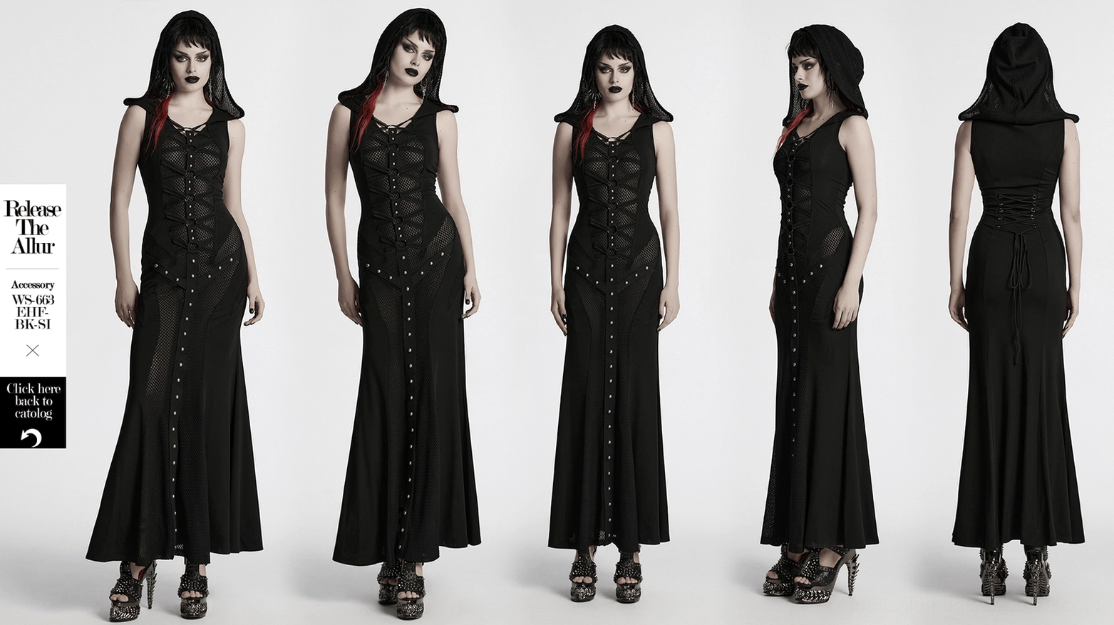 Black gothic mesh panel hooded maxi dress main product shot showing complete garment construction and details