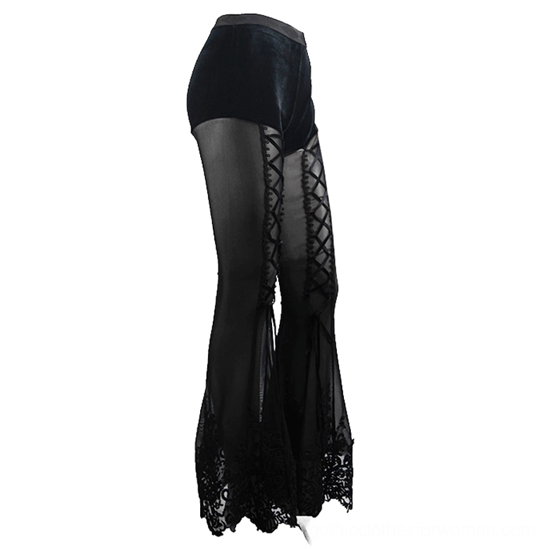 Black gothic mesh pants with velvet waistband and lace-up detailing, oblique side angle view