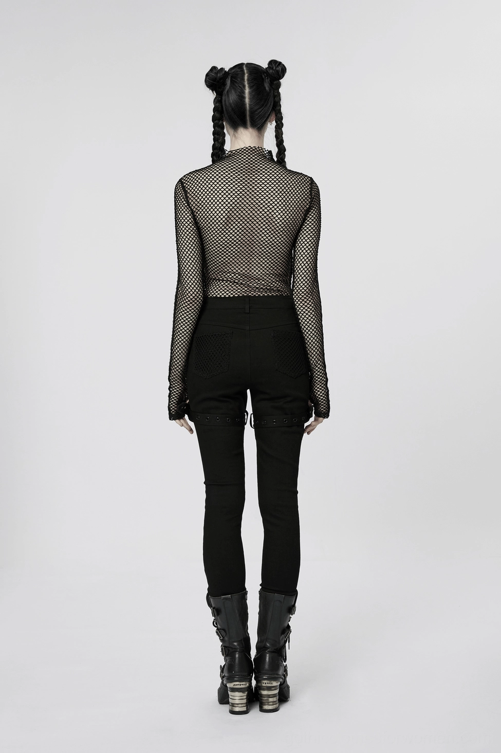 Black gothic mesh pants versatile styling view with adjustable thigh strap feature