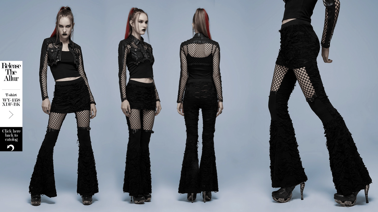 Black gothic ripped pants with mesh panels and mini skirt, detailed product photography display
