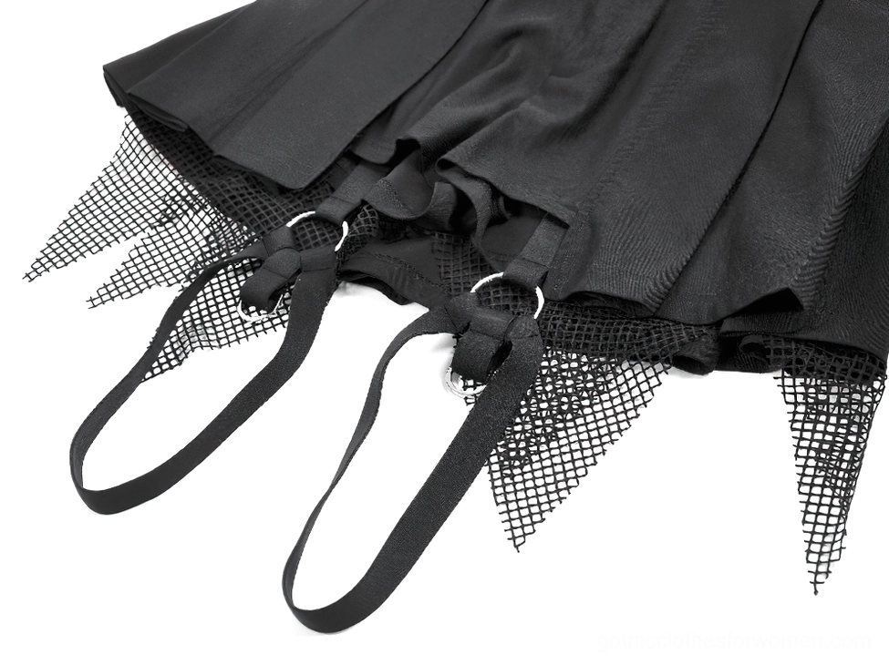 Black gothic mesh suspended shorts with full hardware details and strap placement, product detail view