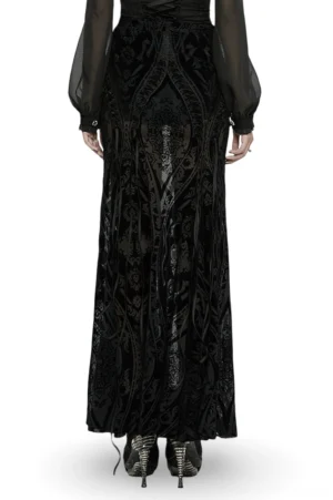 Black gothic mesh maxi skirt back view with lace-up hem detail and flowing floor-length silhouette worn with heeled shoes
