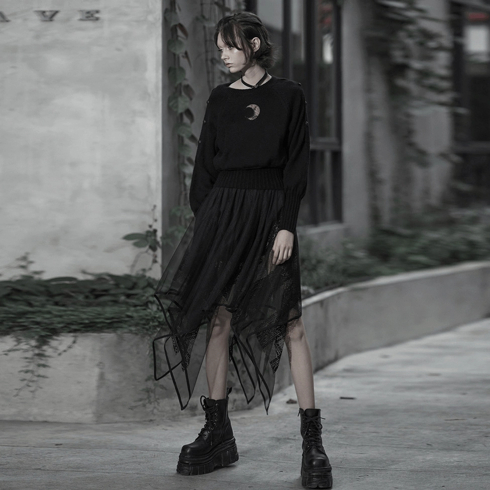 Black gothic mesh lace skirt showing full length asymmetrical hemline and layer composition