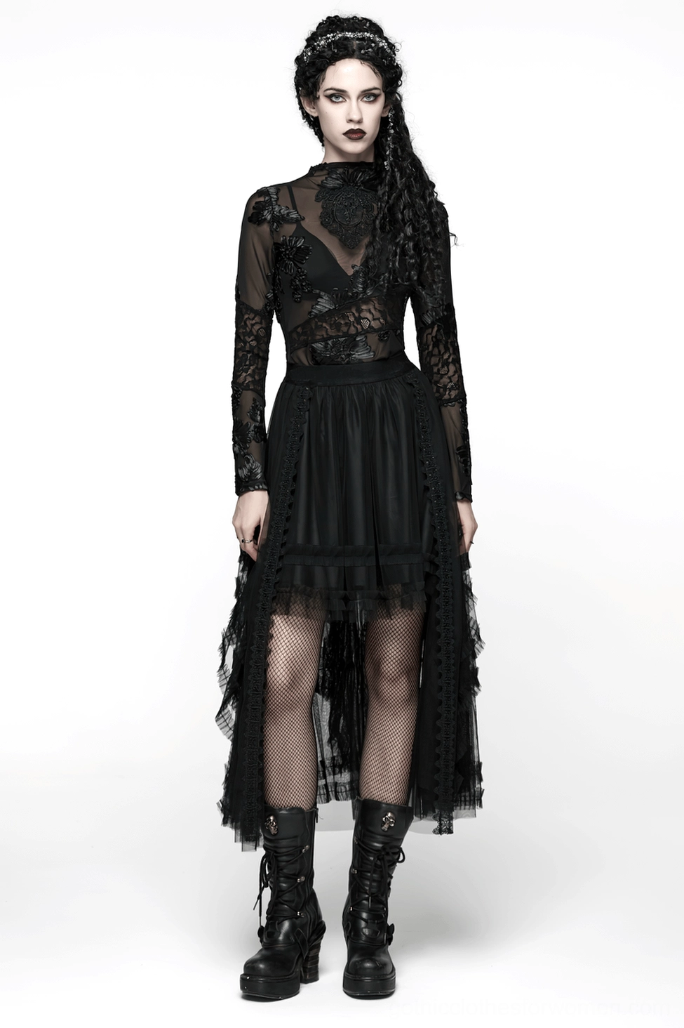 Black gothic mesh skirt full length silhouette view highlighting slim-fitting design and dark elegant aesthetic