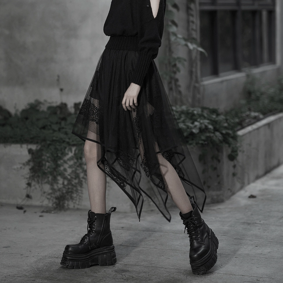 Black gothic asymmetrical mesh and lace skirt additional styling view showing overall silhouette and drape
