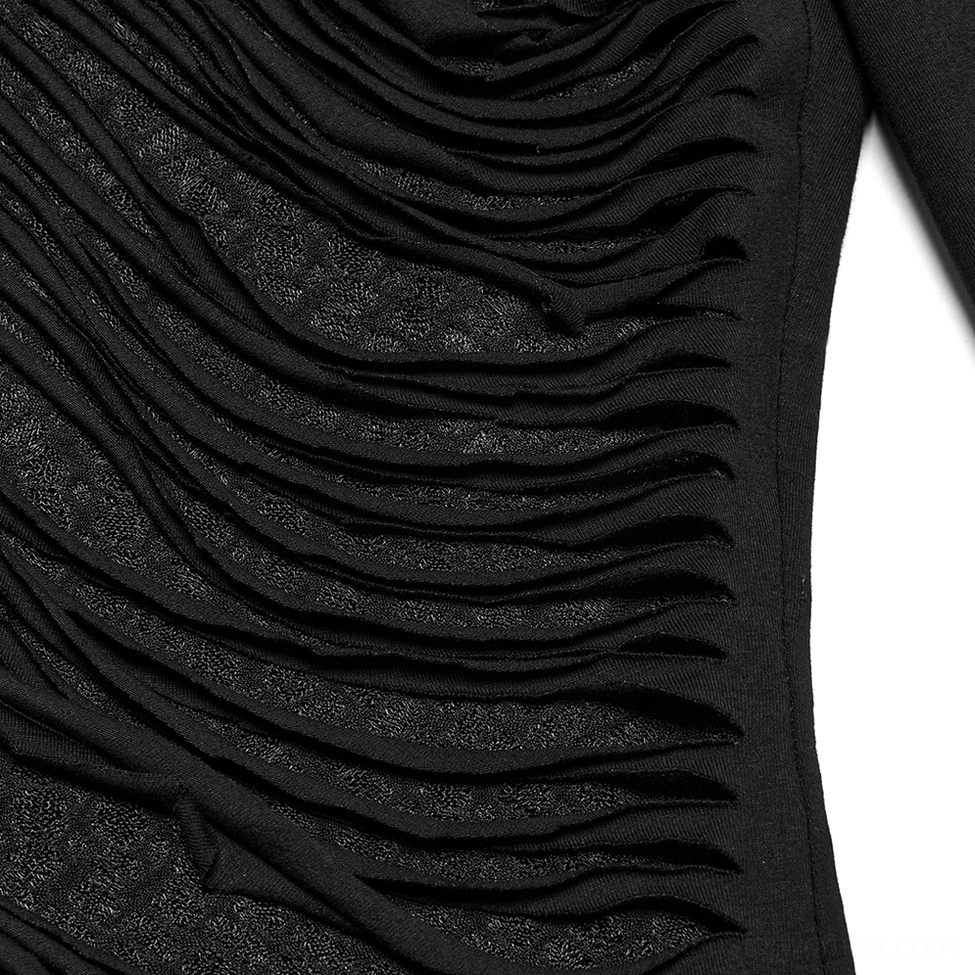 Close-up detail of wavy asymmetrical mesh panel on gothic sweatshirt displaying ruched draped texture and stretch mesh fabric construction