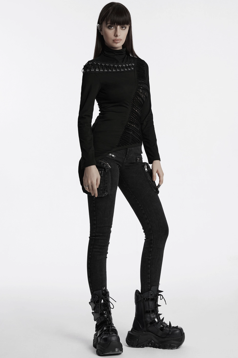 Black asymmetrical gothic mesh sweatshirt back view emphasizing industrial zipper detail, metal accents, and punk-inspired asymmetric hem profile