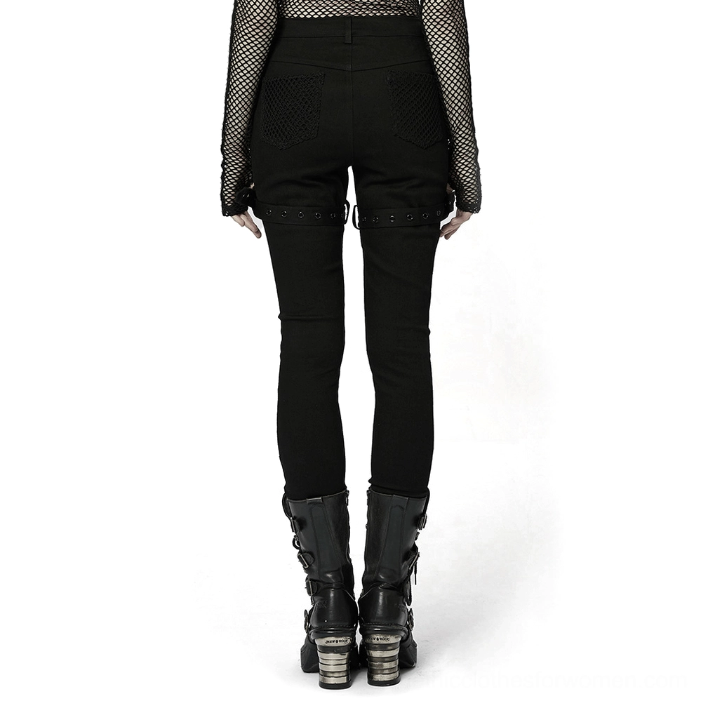 Black gothic mesh trousers rear view showing back pocket mesh overlay and adjustable straps