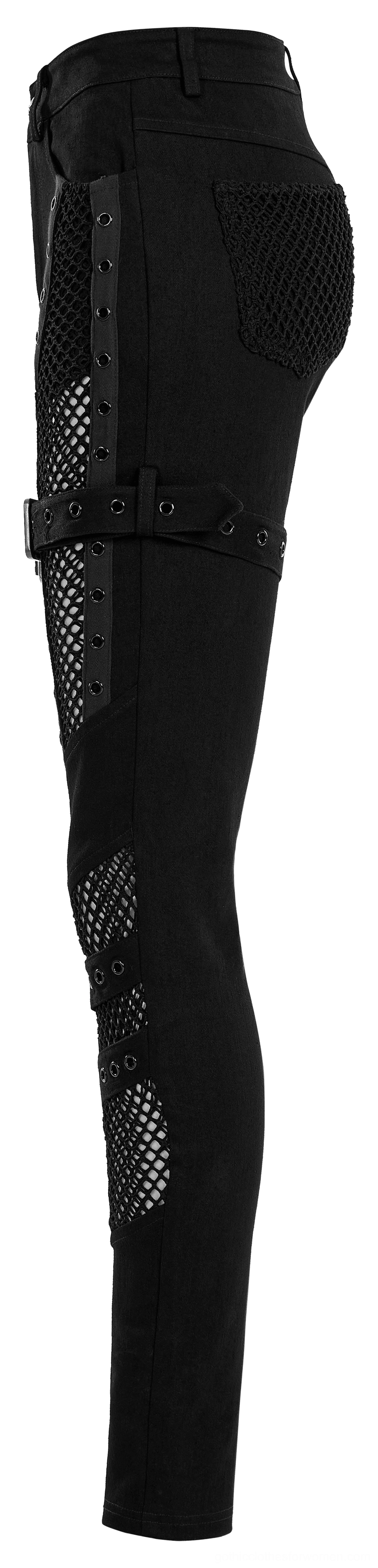 Black gothic mesh trousers side view flat lay slim fit silhouette