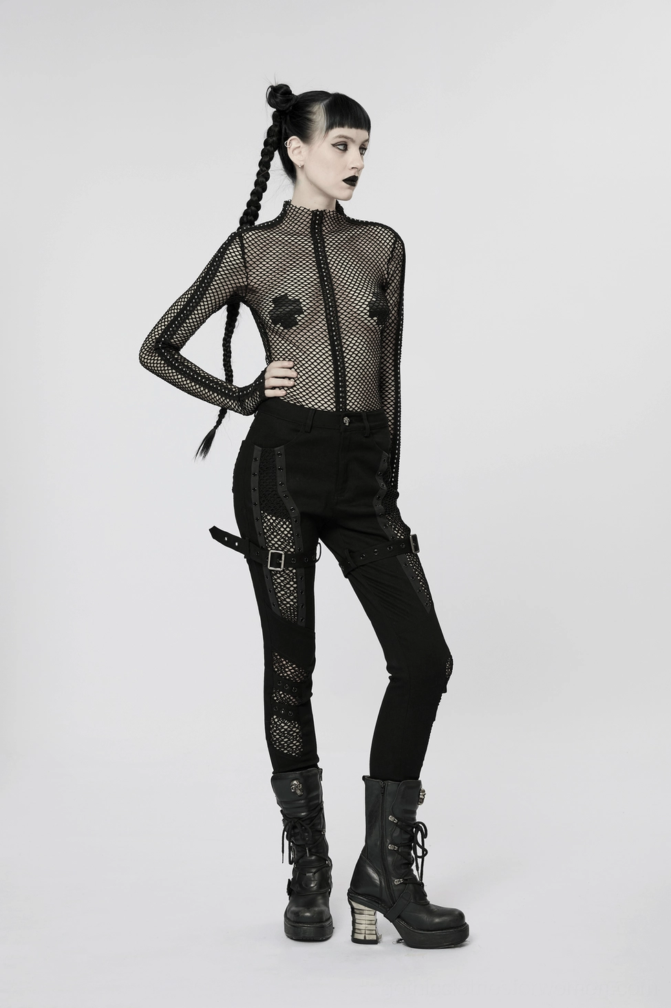 Black gothic mesh trousers alternative view slim silhouette with buckle strap