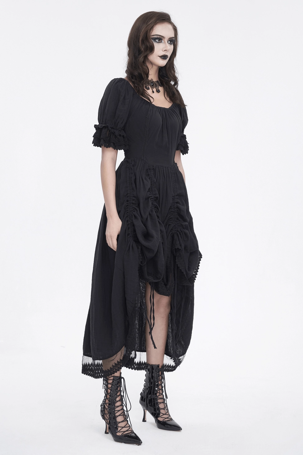 Black gothic midi dress corset front asymmetric hem profile