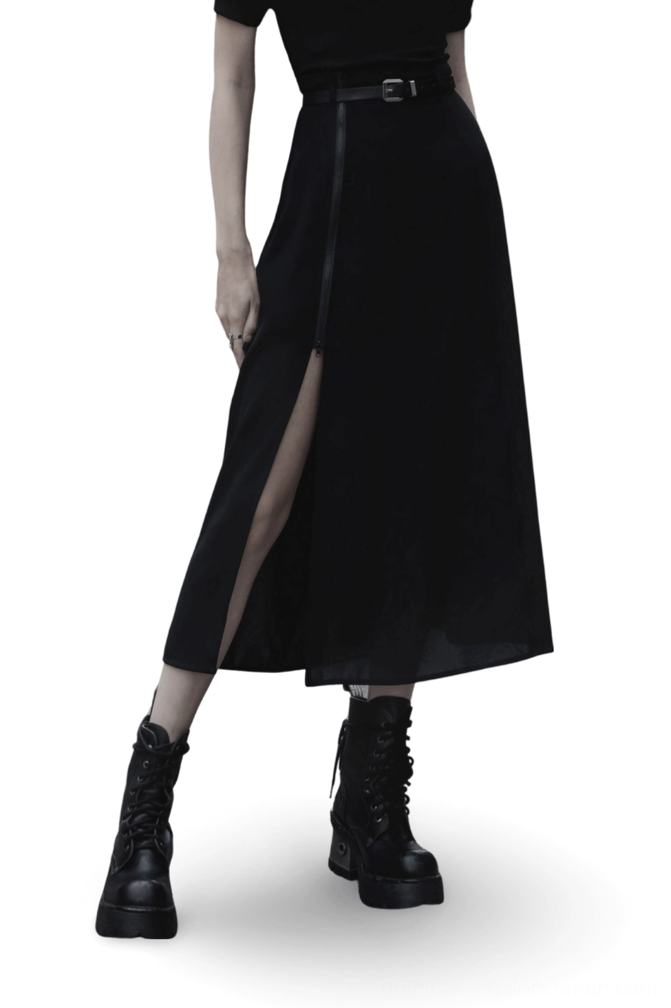 Black gothic A-line midi skirt with adjustable side zipper and detachable leather belt, worn on female model in three-quarter front view with flowing chiffon fabric visible