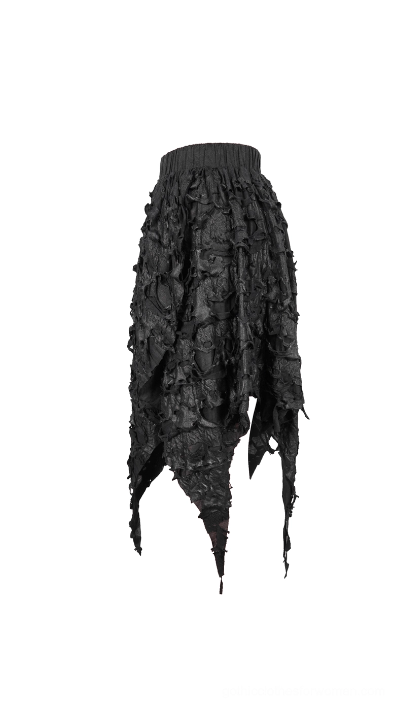 Black gothic midi skirt back flat view, frayed bottom edge, matte polyester fabric, alternative clothing design