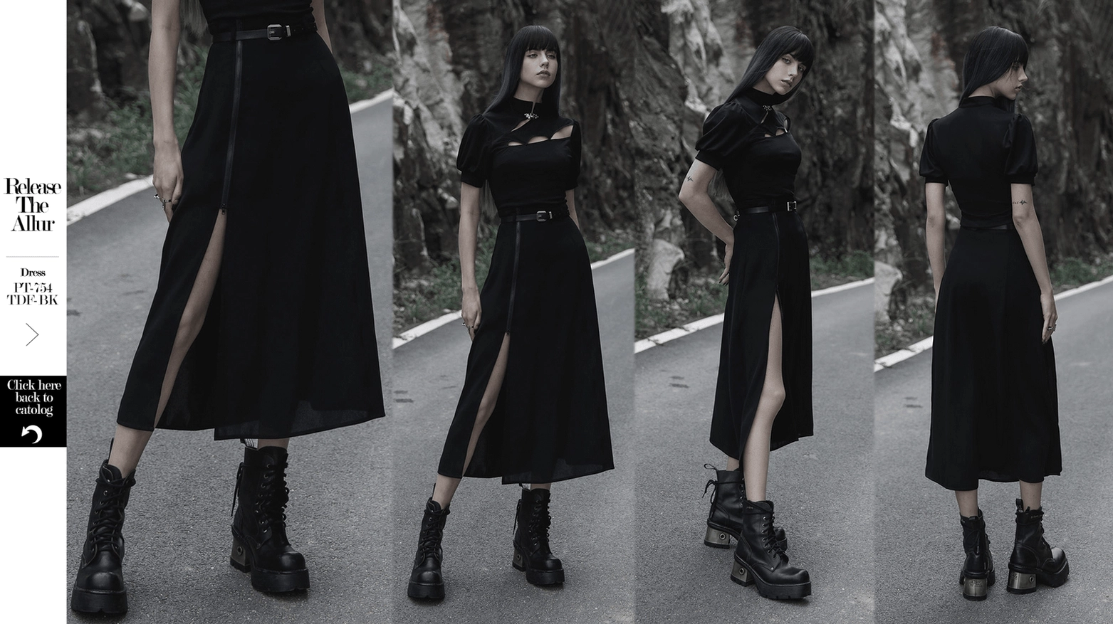 Black gothic A-line midi skirt construction detail showing fitted tailoring and chiffon fabric quality in alternative fashion design