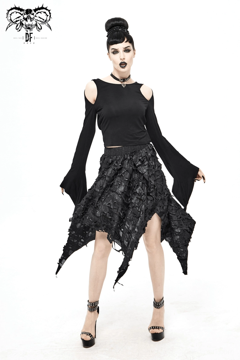 Black gothic midi skirt final view, irregular asymmetric hem, alternative fashion piece, dark romantic silhouette fit
