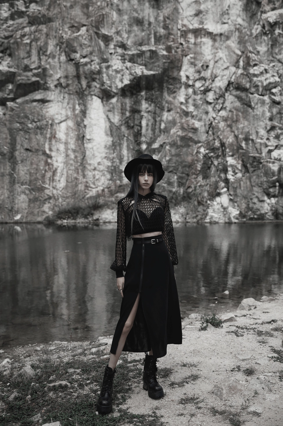 Black gothic midi skirt full length view emphasizing elegant A-line cut and matte chiffon fabric in dark romantic goth style