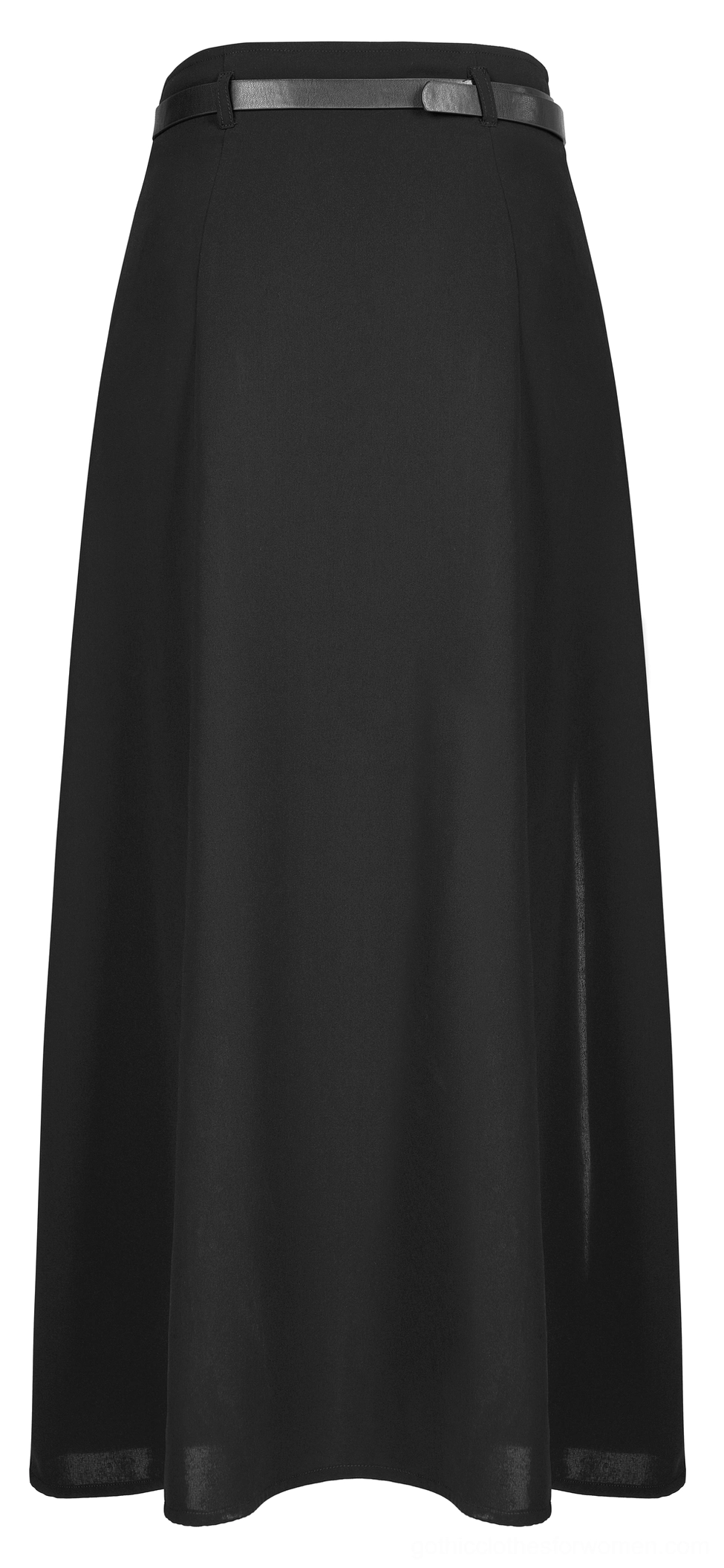 Plain black gothic A-line midi skirt rear three-quarter view with matching leather waist belt and smooth matte fabric on white studio background