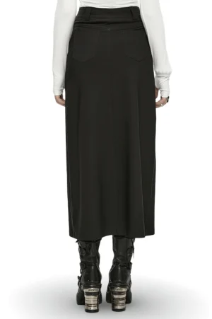 Rear view of black gothic midi skirt on female model, featuring high-waisted design and practical rear patch pockets against white background