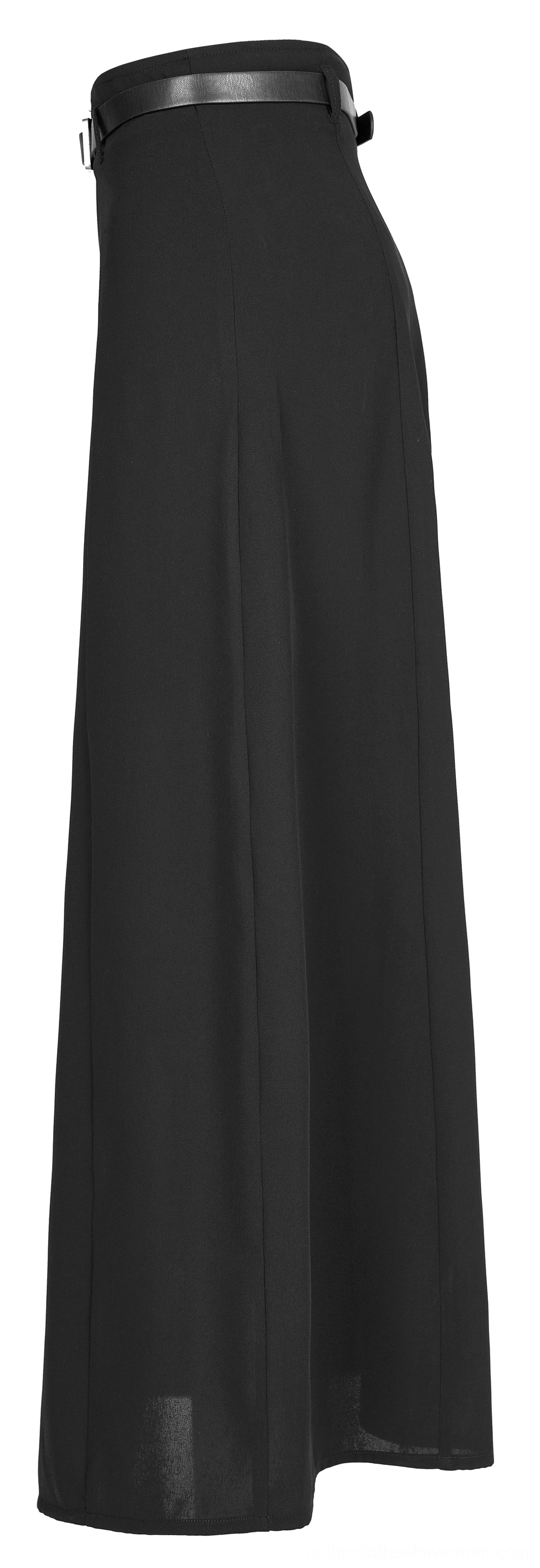 Black gothic A-line midi skirt side profile view with detachable leather belt showing silhouette and elegant drape on white background