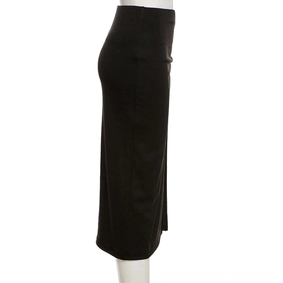 Black midi pencil skirt side profile on mannequin showcasing high waist and slim silhouette