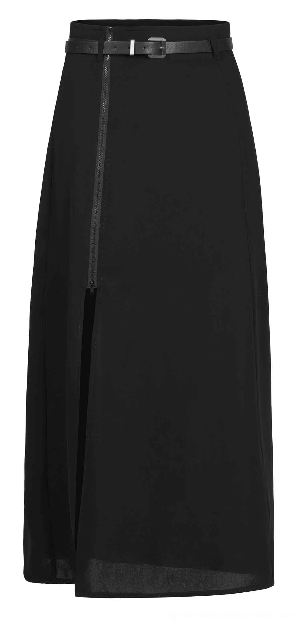 Black gothic A-line midi skirt with dual-end side zipper front view product display featuring matching leather belt and flowing dark chiffon