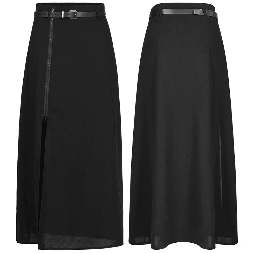 Two black gothic A-line midi skirts front display with side zipper slit and leather belts on pure white background flat lay product photography